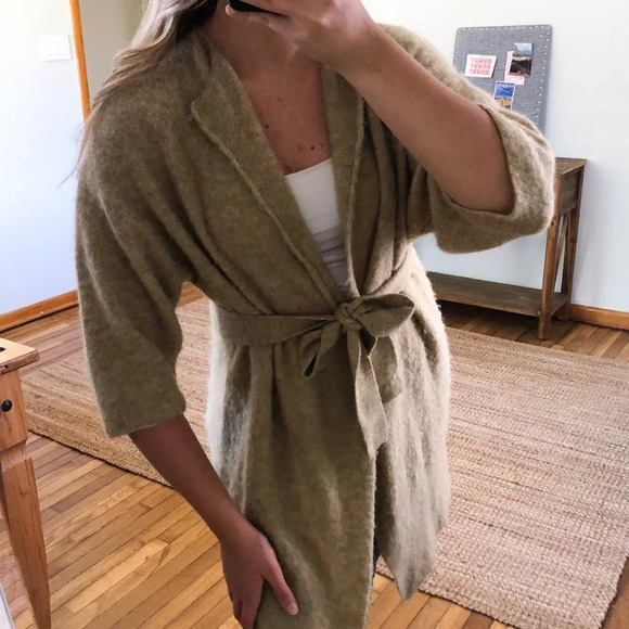 American Vintage Cream Tight Knit Tie Waist Open Quarter Sleeve Cardigan Sweater - Picture 1 of 10